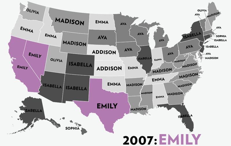 Illustration for article titled Map: Six Decades of the Most Popular Names for Girls, State-by-State